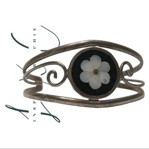 Vintage Sterling Silver Flower Abalone Inlay Cuff Bracelet